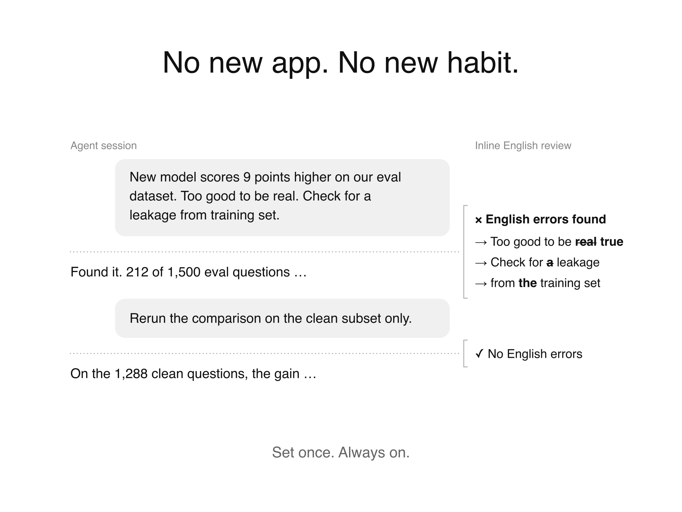 Agent session with an inline English review: one message gets “English errors found” with three corrections, the next gets “No English errors”.